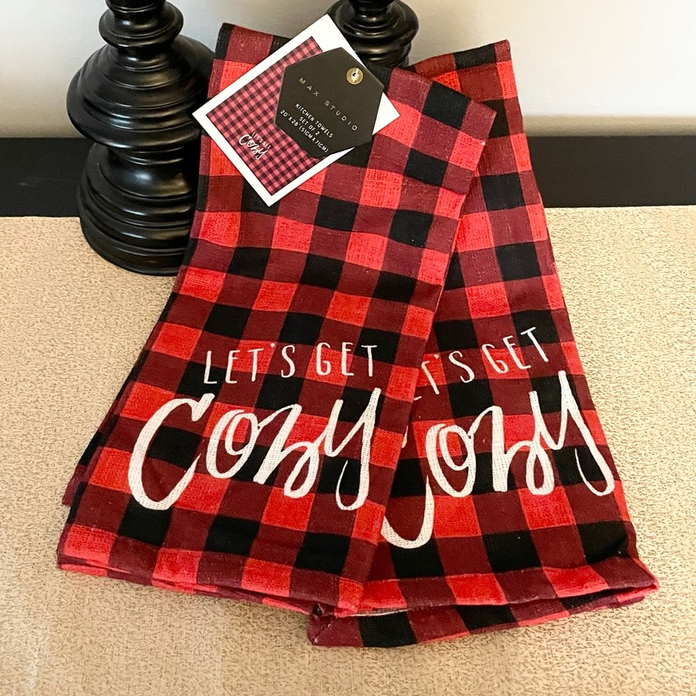 New Set of 2 LETS GET COZY Buffalo Plaid Kitchen Towels
